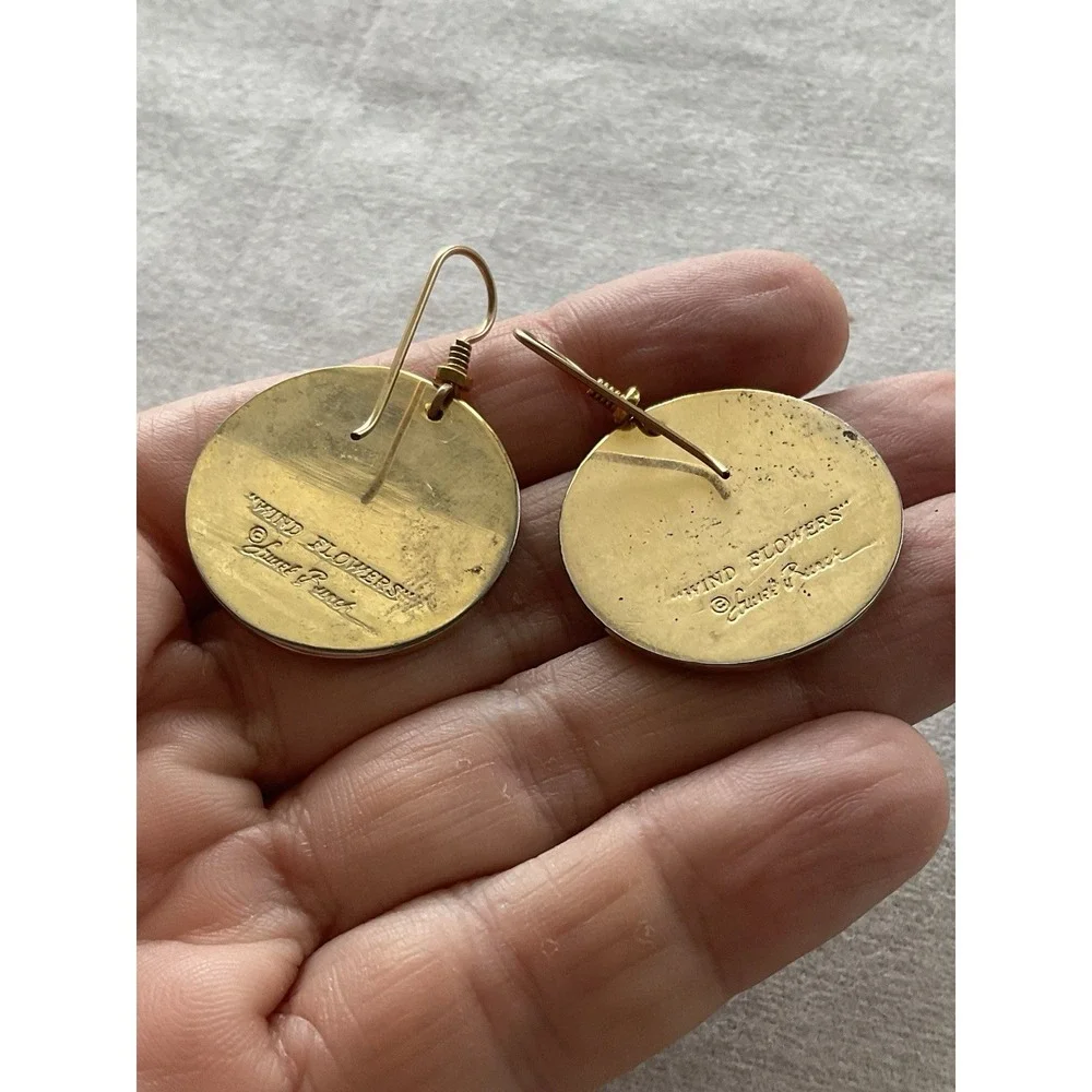 vintage Laurel Burch cloisonné floral dangle Disc earrings Gold Tone Enamel